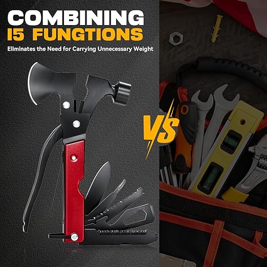 Gifts for Men, 15 in 1 Multitool Axe for Camping, Hunting, Hiking, Birthday Gifts for Men, Dad, Him, Husband, Boyfriend, Women, Mens Gift from Daughter, Wife, Son, Red