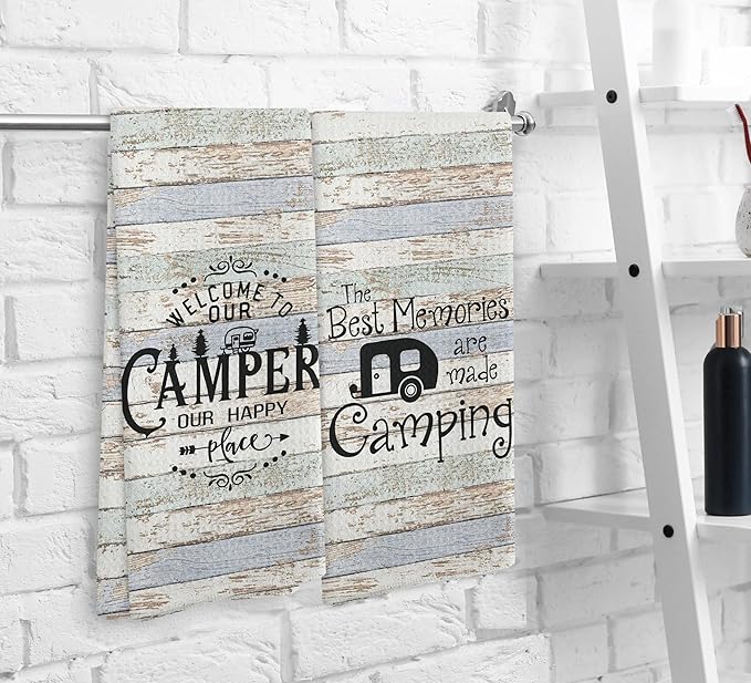Welcome to Our Camper Camping Kitchen Towels and Dishcloths Sets of 2,Campsite Cabin RV Drying Cloth Hand Towels Tea Towels for Bathroom Kitchen,Campers Camping Lovers Gifts,16×24 inches