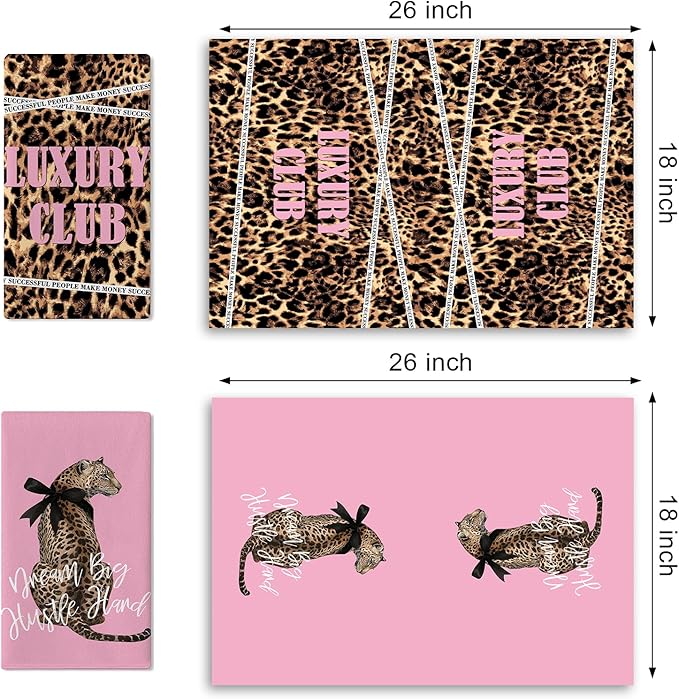 Leopard Print Pink Kitchen Dish Towels Set of 2, Inspirational Cheetah Dream Big Hustle Hard Girl Women Drying Hand Towel Baking Cooking Cloth, Luxury Club Bathroom Home Decoration 18'' x 26''