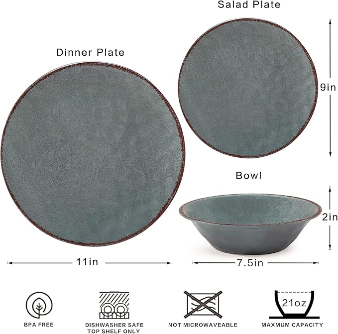 LEHAHA Rustic Farmhouse 12 Piece Melamine Camping Dinnerware Set, Plates and Bowls Sets, Indoor and Outdoor Use, Lightweight and Unbreakable Kitchen dishes Set for 4(Grey)