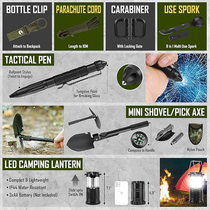 Survival Kit, 268 Pcs Emergency Survival Gear and Equipment Supplies with First Aid Kit, Camping Axe, Headlamp, Crossbody Bag for Camping Hiking, Hunting, Gift for Christmas Men, Dads, Black Como