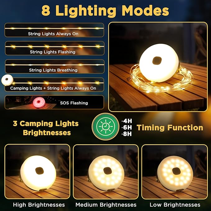 Solar Camping String Lights, 33FT 3000mAh Retractable 4 in 1 Camp Lights with 8 Modes, Portable Rechargeable Camp Lamp, Camping Lamp Outdoor Waterproof, Tent Light for Party, Yard, Hiking
