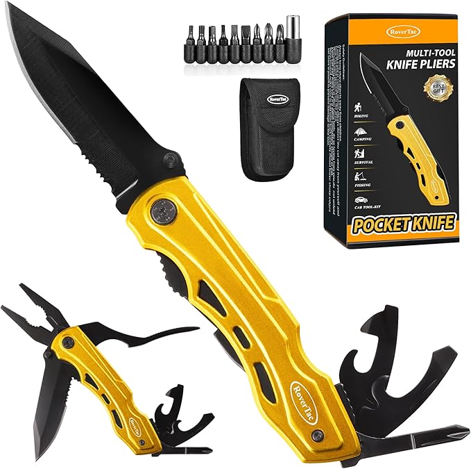 RoverTac 15-in-1 Pocket Multitool Knife - Folding Knife with Pliers, Bottle & Can Opener, Phillips Screwdriver + 9 Bits, Nylon Sheath - EDC Multi Tool for Camping, Hiking & DIY - Gifts for Men & Dad