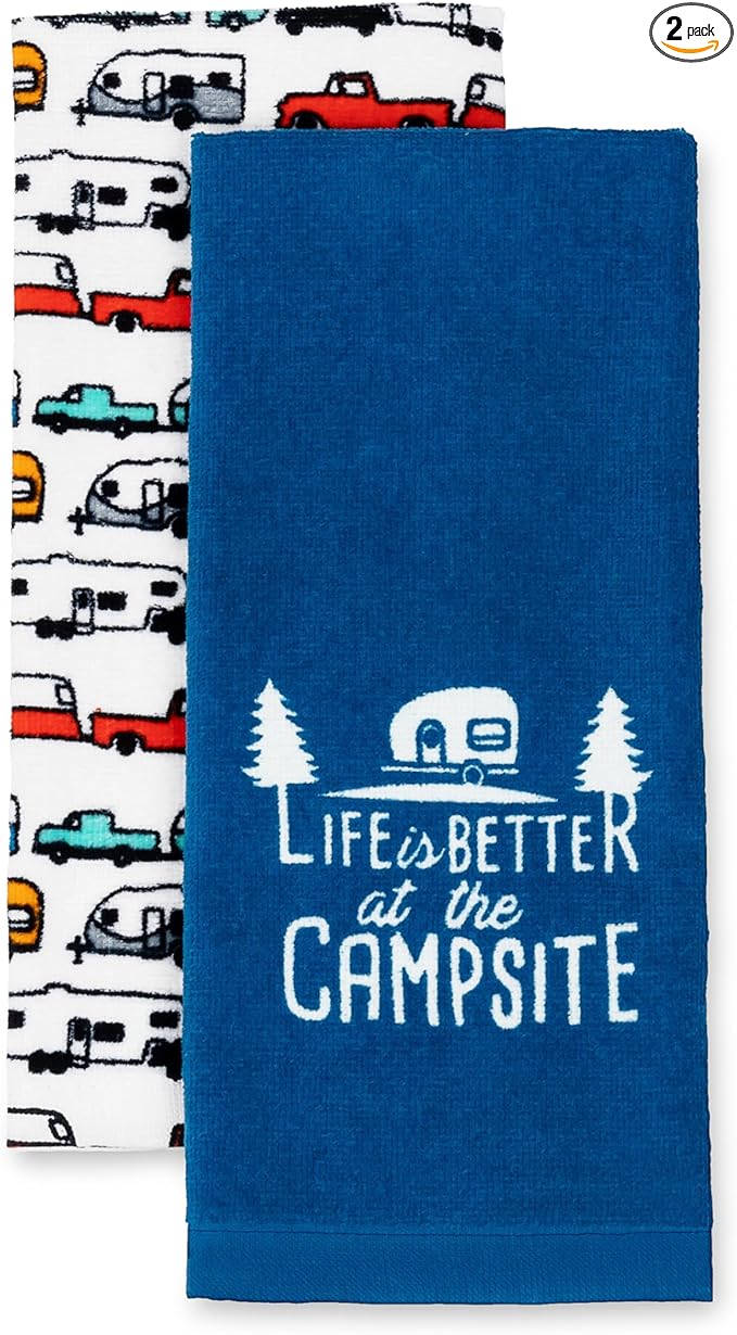 Camco Life is Better at The Campsite Camper/RV Dish Towel Set - Features a Camping/RV Themed Towel & a Navy Blue with White Logo Towel - Designed with 100% Cotton - 2-Pack (53301)