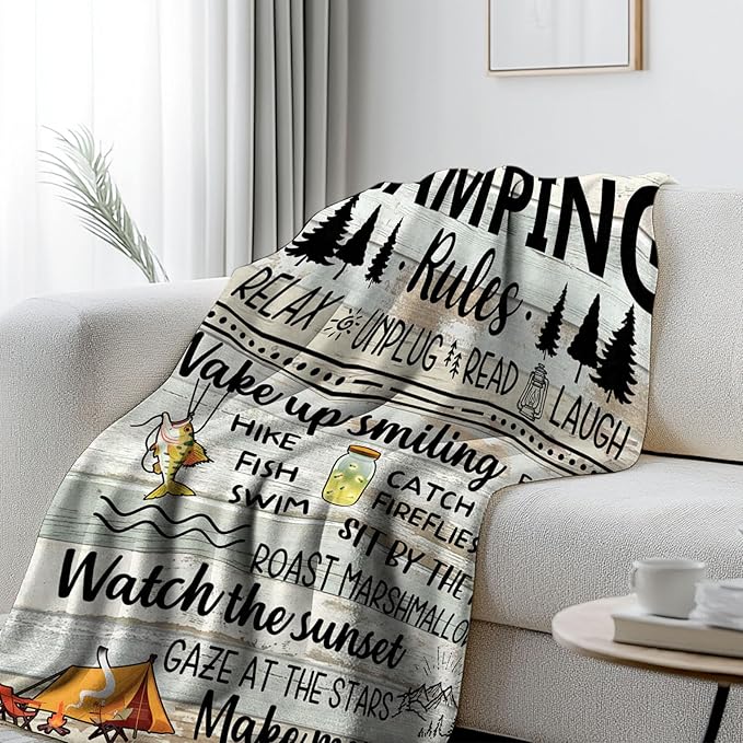 Wazzio Camping Gifts for Women Men, Camp Blanket Gifts for Camper Lovers, Happy Campers Decor Outdoor Travel Hiking 50" x 60", Camping Rules Throw Blanket for Christmas Thanksgiving