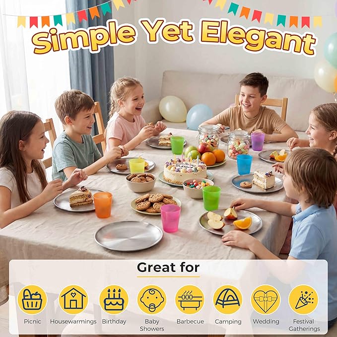 Homikit Stainless Steel Kids Plates Set of 4, 8 Inch 304 Metal Dinner Plates for Kids Toddler Children, 4-Piece 18/8 Non Toxic Dinner Dishes Set for Serving Camping, Dishwasher Safe & Reusable