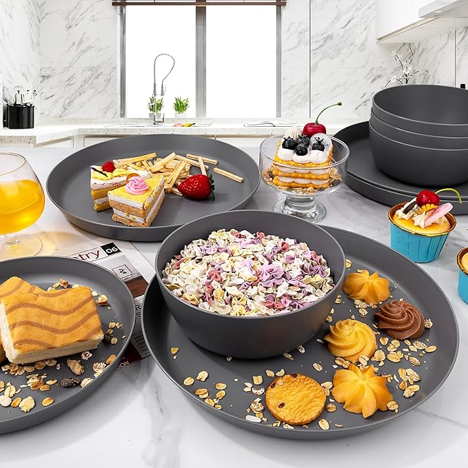 EI 12pcs Wheat Straw Dinnerware Set of 4,Kitchen Plates and Bowls,Reuasble Plates,Unbreakable Dinner Plate,Hard Premium Plastic Plate for Camping,Picninc,Halloween