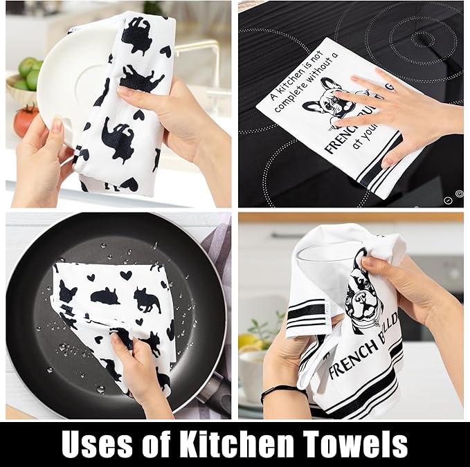 French Bulldog Kitchen Dish Towel - 5Pcs Cute French Bulldog Cleaning Dishcloth Puppy Dog Absorbent Bar Quick Dry Hand Towel Tea Towels for Housewarming Birthday Xmas Gift Bathroom Kitchen Home Decors