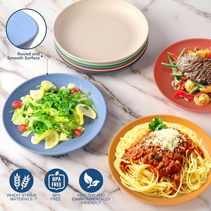 HOTEC 8-Pack 10inch BPA Free Unbreakable Deep Dinner Plates, Wheat Straw Plastic Plates Dishwasher Safe Kitchen Plates Dinnerware Multicolor