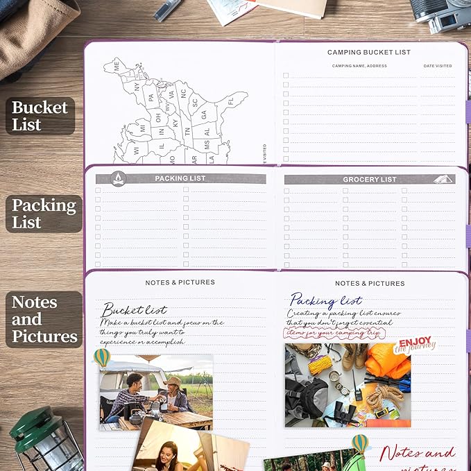 JUBTIC Camping Journal and RV Travel Log Book, A5 Adventure Journal for 25 Camping, Hiking Journal, Family Travel Books Camper Essentials Camping Gifts for Women-Purple