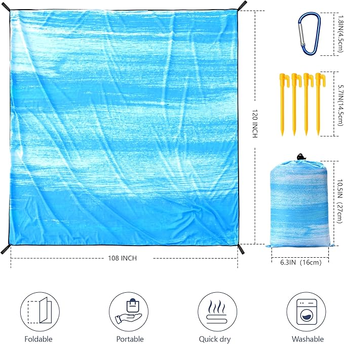 WIWIGO Beach Blanket Waterproof Sandproof Beach Mat 79" X 83"/10'x9'for 2-8 Adults Quick Drying Outdoor Picnic Mat Beach Accessories for Travel, Camping, Hiking