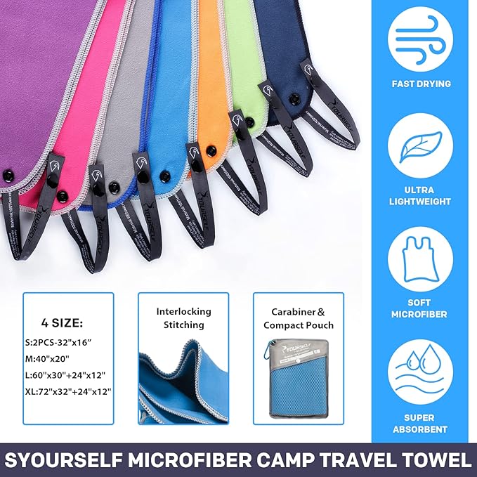 SYOURSELF 2 Pack Microfiber Camping Towel, Quick Dry Towel, Soft Absorbent Compact Travel Gym Workout Sweat Towel for Beach Yoga Swim Travel Camping Hiking Backpack Essentials (L:60"x30"+12"x24")