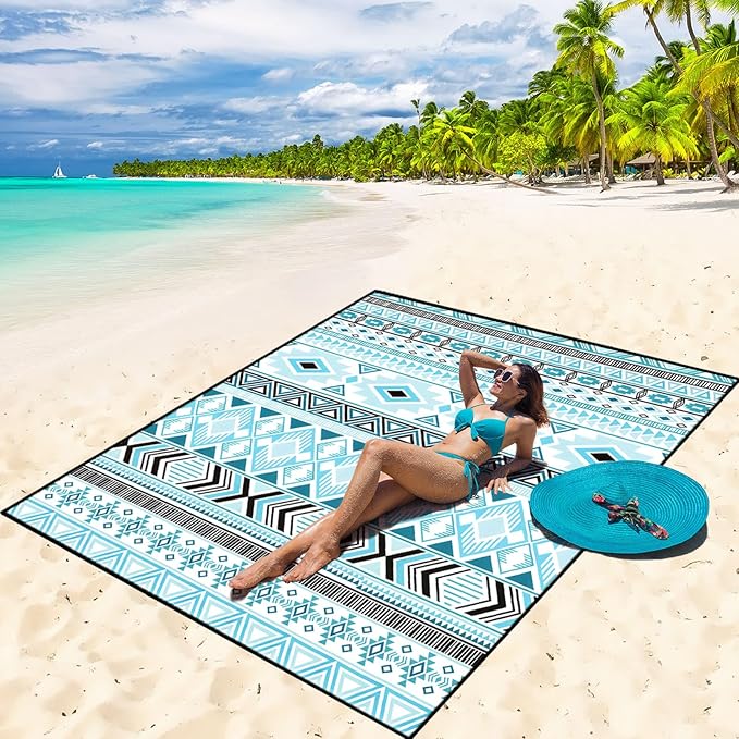 WIWIGO Beach Blanket Waterproof Sandproof Beach Mat 79" X 83"/10'x9'for 2-8 Adults Quick Drying Outdoor Picnic Mat Beach Accessories for Travel, Camping, Hiking