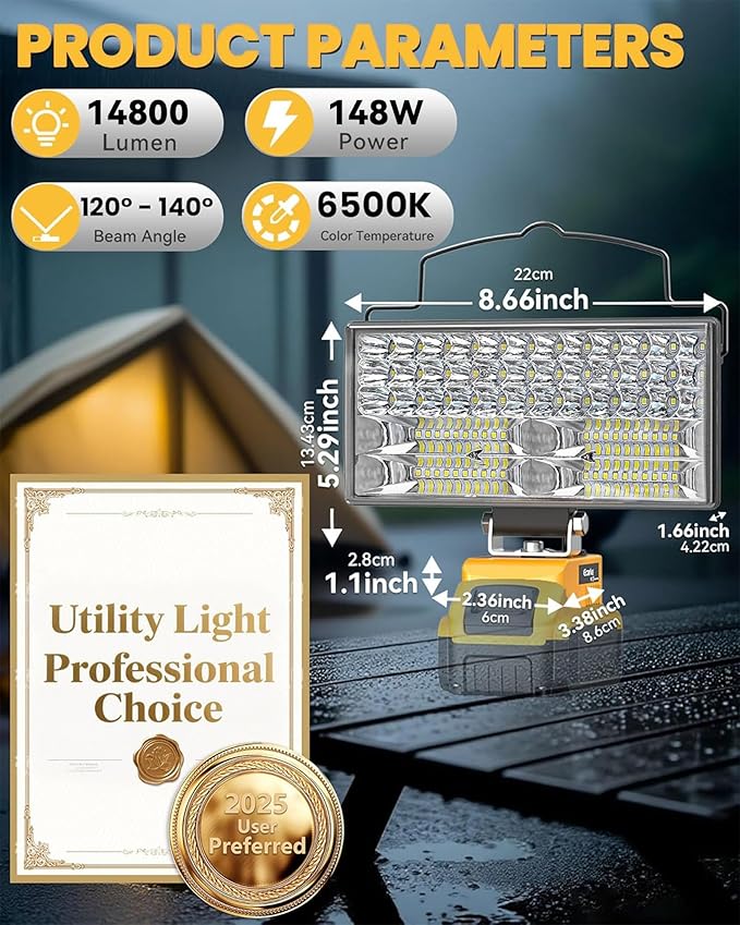 Ecarke LED Work Light Compatible with DeWALT 20V, 148W 14800LM Cordless Flashlight, 7" Battery Flood Light with Low Voltage Protect for Emergency, Job Site & Security Lighting, Battery Not Included