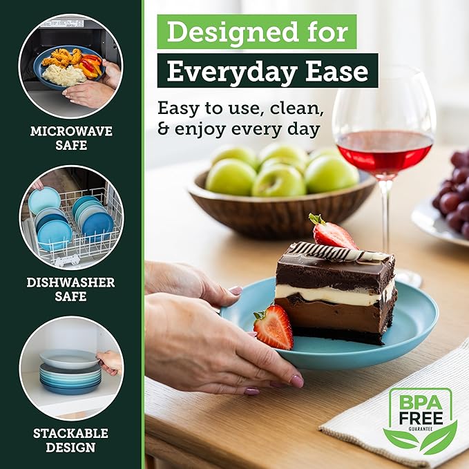 Grow Forward Premium Wheat Straw Plates - 8 Inch Reusable Hard Plastic Dinner Plates Set of 8 - Unbreakable Microwave Safe Plates for Dessert, Camping, RV, Outdoors, Patio, Kitchen Dishes - Seascape
