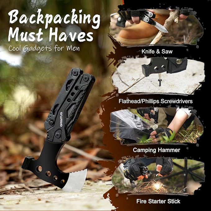 Camping Essentials Multitool Camping Accessories Gifts for Men 16 in 1 Multi Tool Survival Gear with Axe Hammer Pliers Saw Screwdrivers Bottle Opener Whistle for Camping Hiking, Gifts for Dad Him