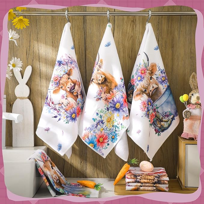 Oudain 6 Pcs Highland Cattle Farmhouse Kitchen Towels Highland Cow Farmhouse Hand Towels 24" x 16" Absorbent Sunflower Floral Dish Tea Coths for Bathroom Home Gift Decor