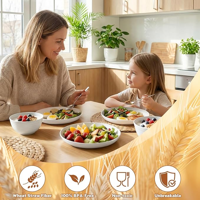 Plates and Bowls Sets for 8, Unbreakable & Lightweight Wheat Straw Dinnerware Sets 32 PCS, Microwave Safe Dishes Set for 8, Dinner Plate, Kitchen Cups and Bowls for Outdoor- White