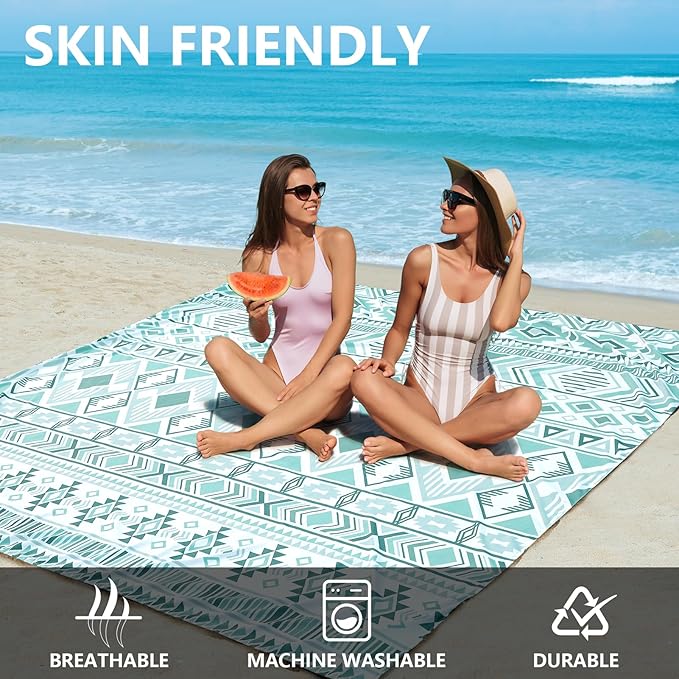 WIWIGO Beach Blanket Waterproof Sandproof Beach Mat 79" X 83"/10'x9'for 2-8 Adults Quick Drying Outdoor Picnic Mat Beach Accessories for Travel, Camping, Hiking