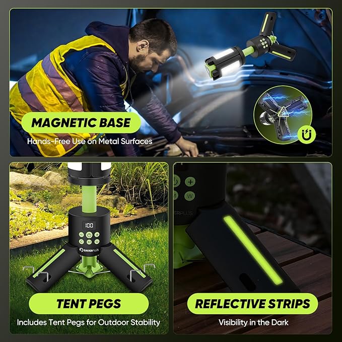SakerPlus Portable Camping Lights with Stand, 5000LM Rechargeable LED Flashlight, 9 Color Modes, Collapsible Camping Lantern Tent Light with Magnetic Base for Power Outages, Camping & Emergency(Green)