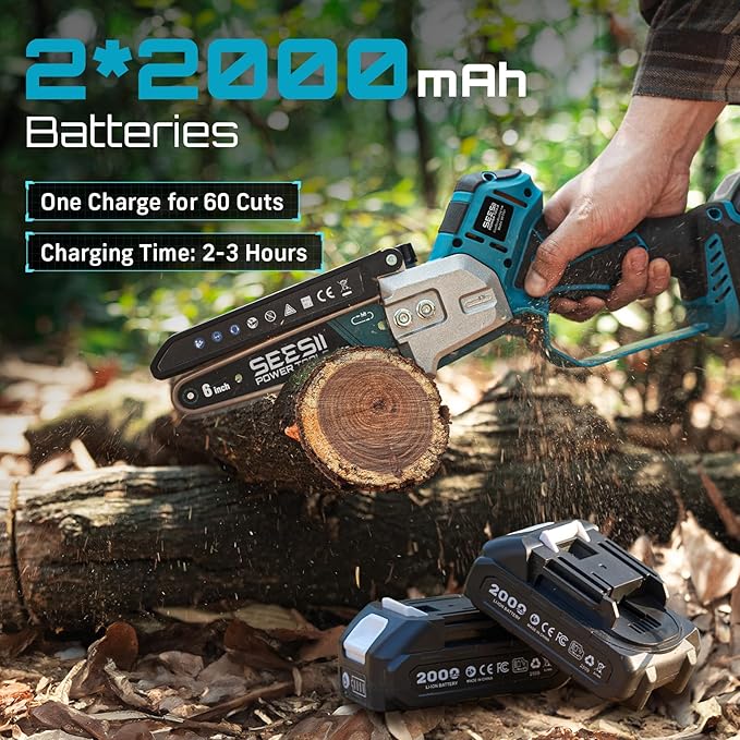 SEESII Brushless Mini Chainsaw 6 Inch, Handheld Saw with 2 * 2000 mAh Batteries, Cordless Chainsaw with Automatic Oiler, Compatible with Makita 18V Battery, Electric Saw for Tree Limb Branch Cutter