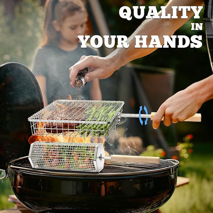 ivtivfu Grill Basket Set, Removable Wooden Handle, 304 Stainless Steel, Rolling BBQ Tools, Smoker Grilling Accessories for Vegetable Fish, Outdoor Cooking Camping, Birthday Gifts for Men Dad Husband