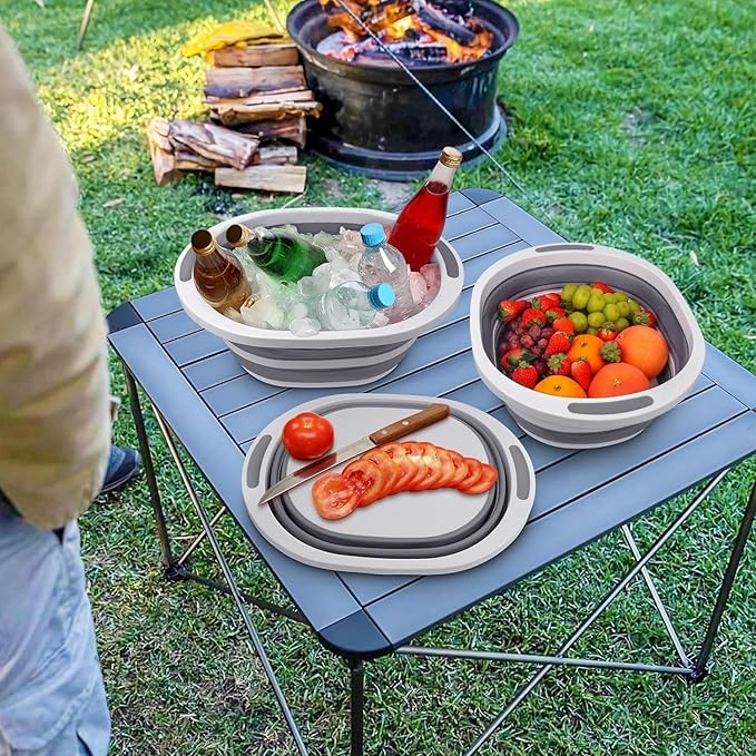 Collapsible Wash Basin, 7.5L Dish Tub Sink Basin Folding Dish Pans for Kitchen Sink, 2-in-1 Dishpan + Cutting Board, Portable Sink Dish Basin for Camping BBQ Prep Tub Washing Bin with Drain Plug + Lid