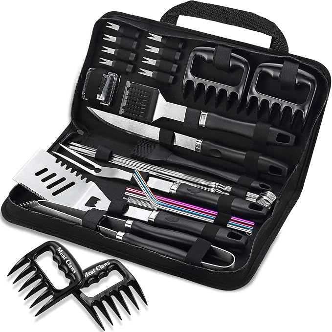 ROMANTICIST 27pcs Heavy Duty Grilling Gifts for Men Dad Fathers Day, Extra Thick BBQ Accessories Tools Set, Stainless Steel Grill Utensils Kit with Meat Claws, Canvas Bag for Outdoor Camping Black