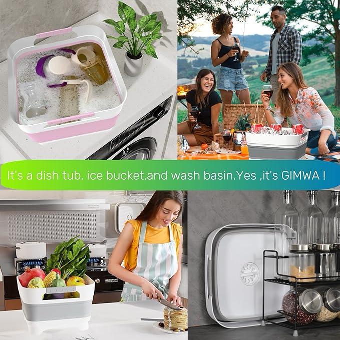 GIMWA 2.6 Gal(10L) Collapsible Wash Basin for Baby Bottles, Gray Space-Saving Collapsible Dish Basin with Drain Plug for bottle washing, Collapsible Bucket for RV Kitchen Essentials