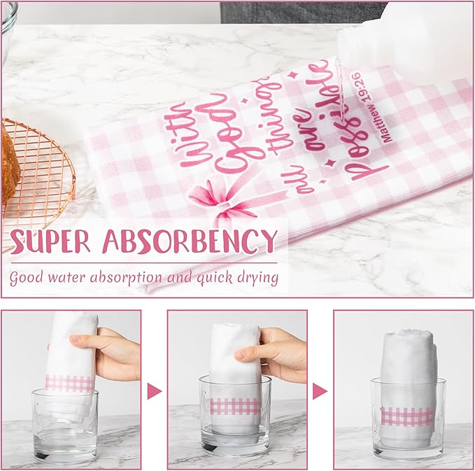 R HORSE Pink Bow Kitchen Dish Towels - 5Pcs Bible Verse Bow Absorbent Hand Towels, Religious Christian Pink Kitchen Dishcloths for Women Girls Bathroom Housewarming Religious Gifts Home Decor