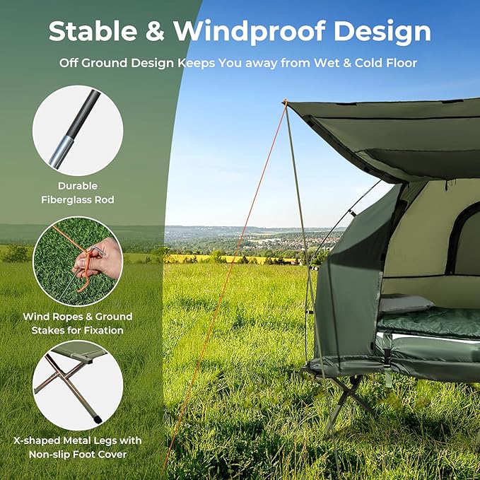 GYMAX Tent Cot, 5-in-1 Folding Camping Cot with Mattress & Pillows, Sleeping Bags, Sunshade, Camping Tent Elevated with Carrying Bag for Outdoor Hiking, Fishing, Picnic