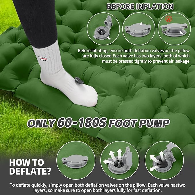HiiPeak Double Sleeping Pad for Camping - Suede Top Camping Mattress with Pillow, Built-in Foot Pump, Compact Inflatable 2-Person Portable Mat for Backpacking, Hiking, Car Traveling, Beach, Tent