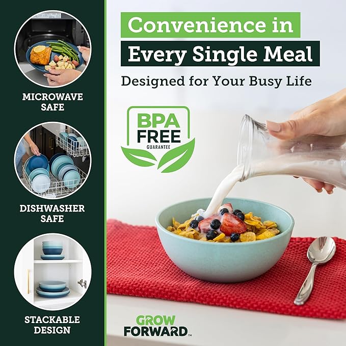 Grow Forward 16-piece Premium Wheat Straw Dinnerware Sets for 4 - Unbreakable Dishwasher & Microwave Safe Plastic Plates and Bowls Sets - Patio, Outdoors, RV, Camping Dishes - Seascape