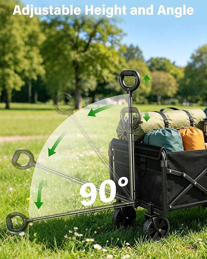 Collapsible Wagons Carts Foldable Wagon, Foldable Wagon Cart with Wheels, Folding Wagons for Beach Camp Sports Garden, 2 Cup Holders/Lightweight Portable/Black/360 LBS