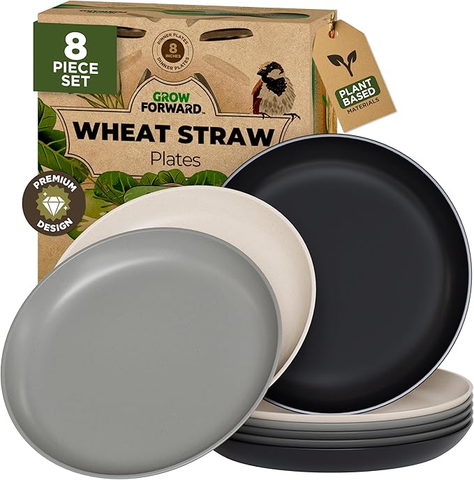 Grow Forward Premium Wheat Straw Plates - 8 Inch Reusable Hard Plastic Dinner Plates Set of 8 - Unbreakable Microwave Safe Plates for Dessert, Camping, RV, Outdoors, Patio, Kitchen Dishes - Moonlight