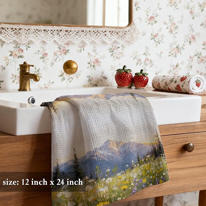 Abstract Colorful Mountain Flower Kitchen Towels 16x24 Inch, Floral Bathroom Decor，Aesthetic Landscape Floral Kitchen Towels,Bathroom Gifts for Women Men