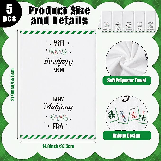 R HORSE Mahjong Kitchen Dish Towel - 5Pcs Mahjong Cleaning Dishcloth Funny Absorbent Bar Quick Dry Hand Towel Tea Towels Xmas Holiday Birthday Gift for Women Men Game Lovers Housewarming Decoration