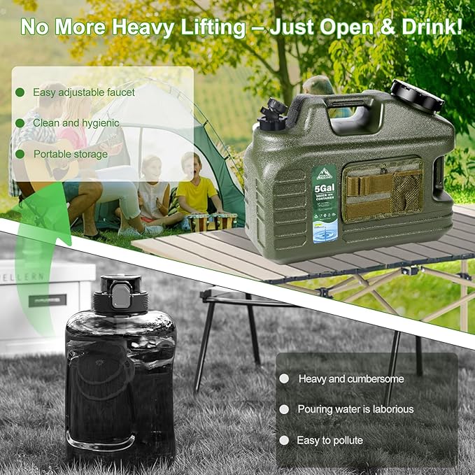 5 Gallon Water Jug, Camping Water Container, BPA Free Portable Water Dispenser with Spigot, Leak-Proof Large Camping Water Jug for Emergency Storage,Outdoor,Hiking