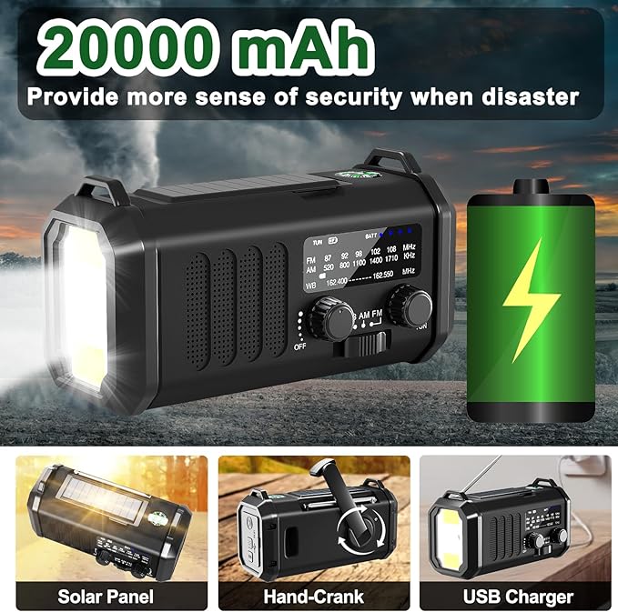 Leaton Emergency Hand Crank NOAA Weather Radio with Solar Charging 20000mAh Battery Built-in Flashlight, Reading Light & SOS Alarm for Indoor/Outdoor Emergencies