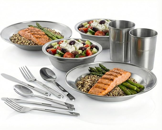Unique Complete Messware Kit Polished Stainless Steel Dishes Set| Tableware| Dinnerware| Camping| Includes - Cups | Plates| Bowls| Cutlery| Comes in Mesh Bags