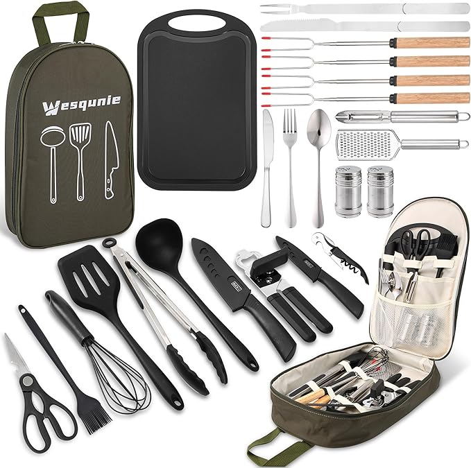 Wesqunie Camping Cooking Essentials Utensils Set - Camp Cookware Kitchen Accessories Kit, Camper Gear Must Haves, Stainless Steel & Silicone, RV Car Portable Outdoor Equipment Tool