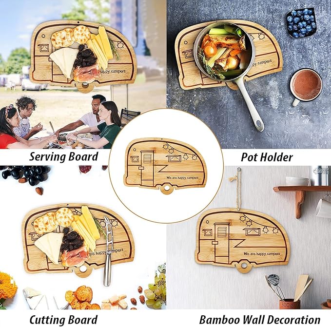 RV Cutting Board Campsite Retro Happy Camper Bamboo Wood Camper Chopping Board Perfect Funny Serving Tray for Vegetables Fruit Cheese, RV Camper gifts,Home Deco