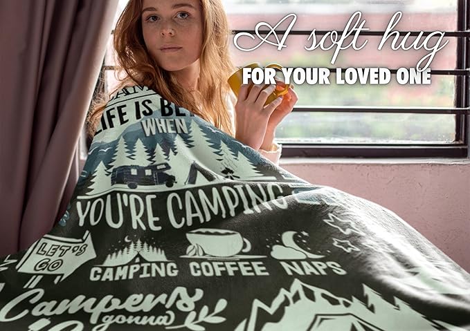 InnoBeta Camping Gifts for Women Men Lovers Throw Blanket, Happy Campers Decor Outdoor, RV Campsite Travel Hiking 50" x 65" - Happy Campers