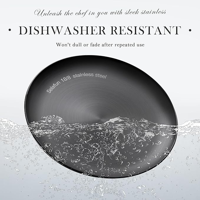 Stainless Steel Plates Metal 18/8 Round Dinner Plates - Set of 4 - Food-Grade Dishwasher Safe 9inch Salad Plates for Camping Kids Dining Outdoor (Black)