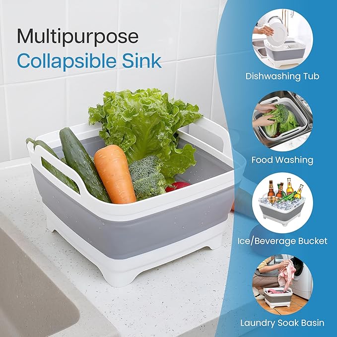 EZuraa 2.4 gal(9L) Gray Collapsible Dish Basin, Portable Sink or Dish Pan for Kitchen Sink with Drain Plug/Strainer, Space Saving Baby Bottle Wash Basin Collapsible Bucket, Beverage Tub for Camping