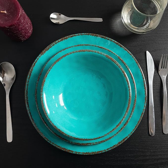 LEHAHA Rustic Melamine Dinnerware Sets, 12-piece Dishes Plastic Dinnerware Set for 4, Break-resistant Plates and Bowls Set, Outdoor Casual & Party Use Kitchen Dishes Set, Teal…