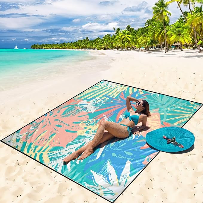 WIWIGO Beach Blanket Waterproof Sandproof Beach Mat 79" X 83"/10'x9'for 2-8 Adults Quick Drying Outdoor Picnic Mat Beach Accessories for Travel, Camping, Hiking