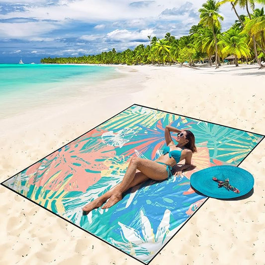 WIWIGO Beach Blanket Waterproof Sandproof Beach Mat 79" X 83"/10'x9'for 2-8 Adults Quick Drying Outdoor Picnic Mat Beach Accessories for Travel, Camping, Hiking