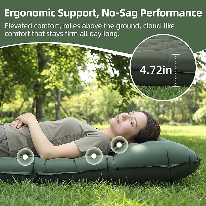 Camping Sleeping Pad, 4.7" Extra-Thick Camping Mattress with Pillow, Built-in Foot Pump Ultralight Inflatable Sleeping Pads for Camping Hiking Backpacking Traveling Tent, Military Green, Single