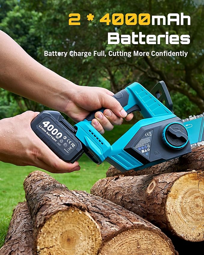 SEESII Electric Chainsaw Cordless 12-inch, Handheld Chain Saws with 2 x 4.0Ah Battery, Tree Saw with Tool-free Chain Tension, Auto Oiling for Wood Cutting Trimming Branch